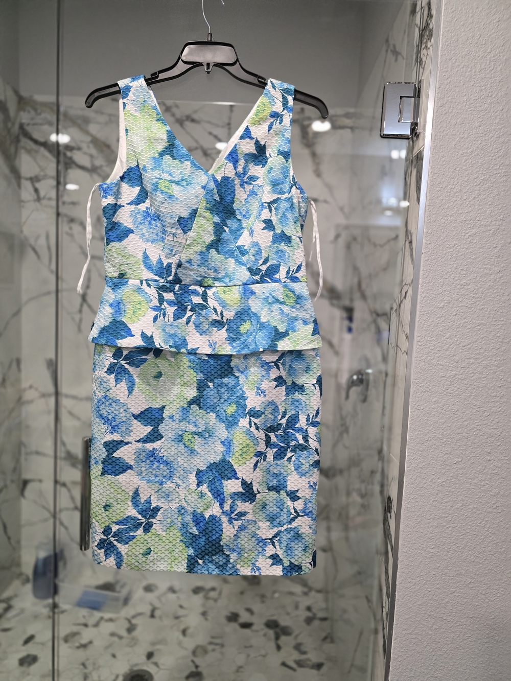 Floral V-Neck Peplum Sheath Dress in Blue and Green